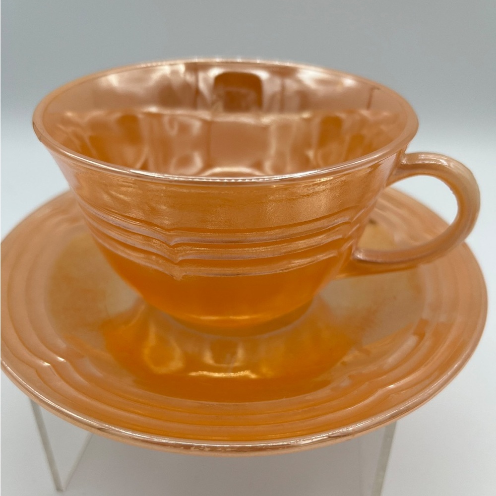 Vintage Fire-King peach lustre three bands tea cup and saucer Anchor Hocking